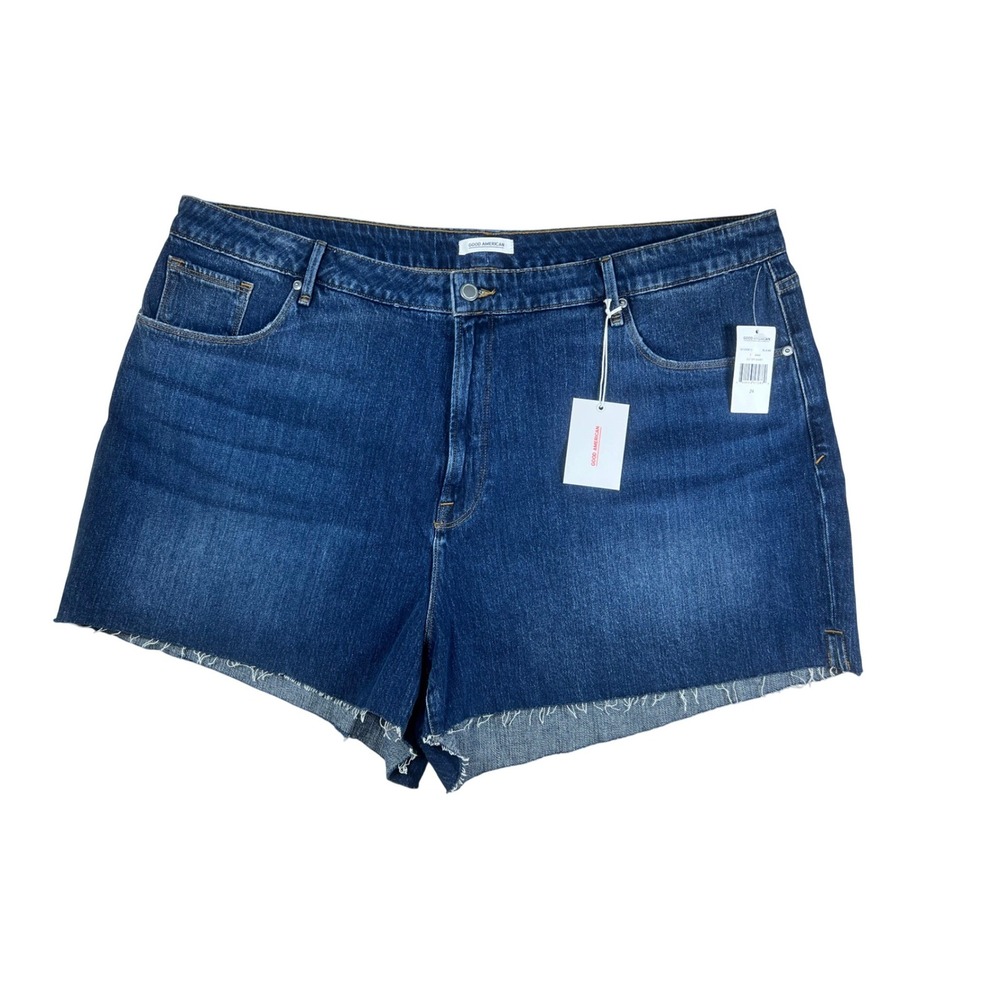 Good American Cut Off Short Blue 464 High Rise Raw Hem Denim Shorts Women 24 NEW